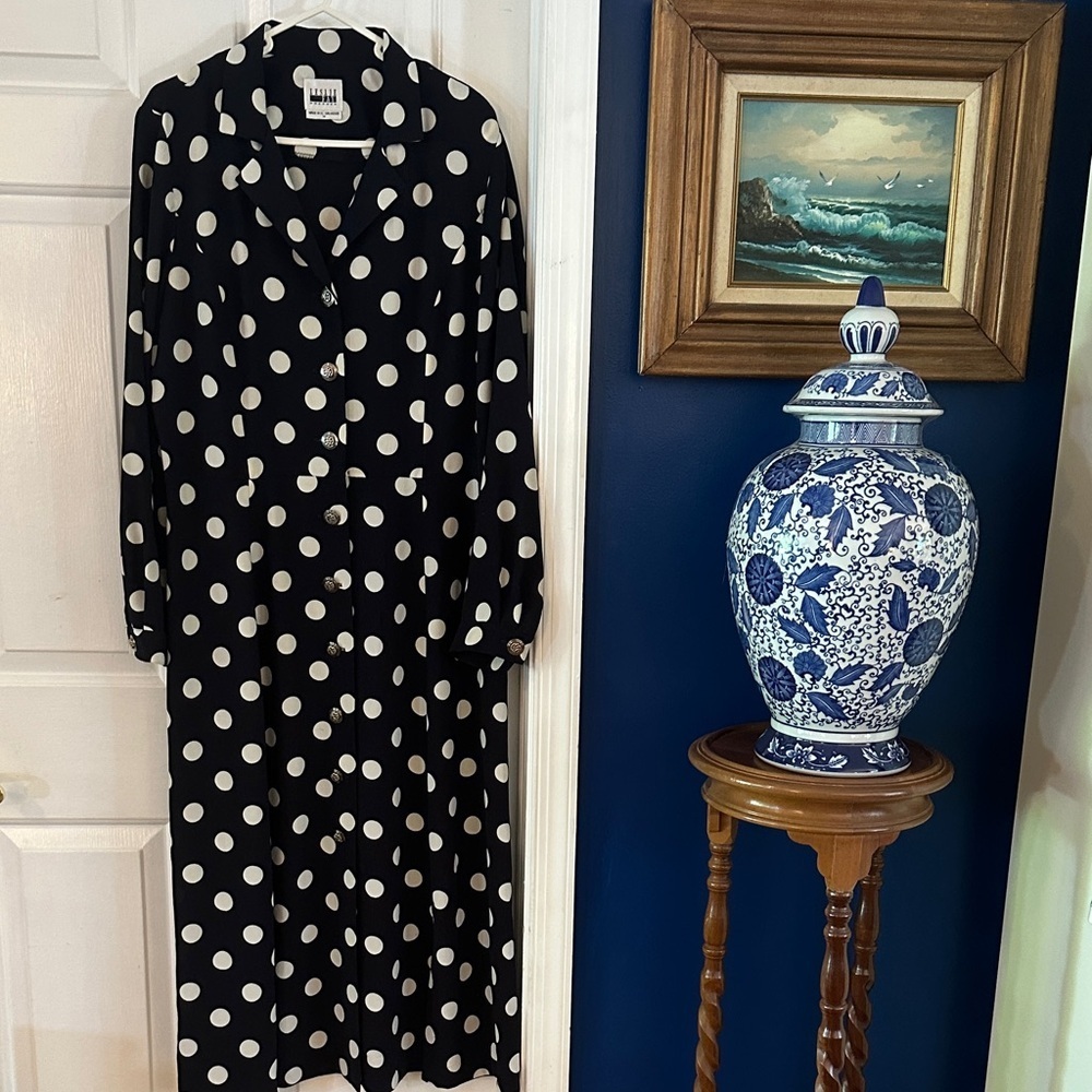 Women’s Vintage Leslie Fay Black with Cream Polka Dots Button Up Dress Size 14